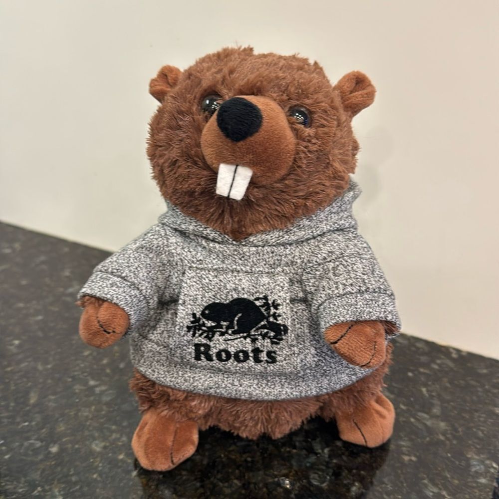 Roots Canada Beaver Stuffie Wearing Gray Hoodie 9" Plush Toy  Stuffed An…